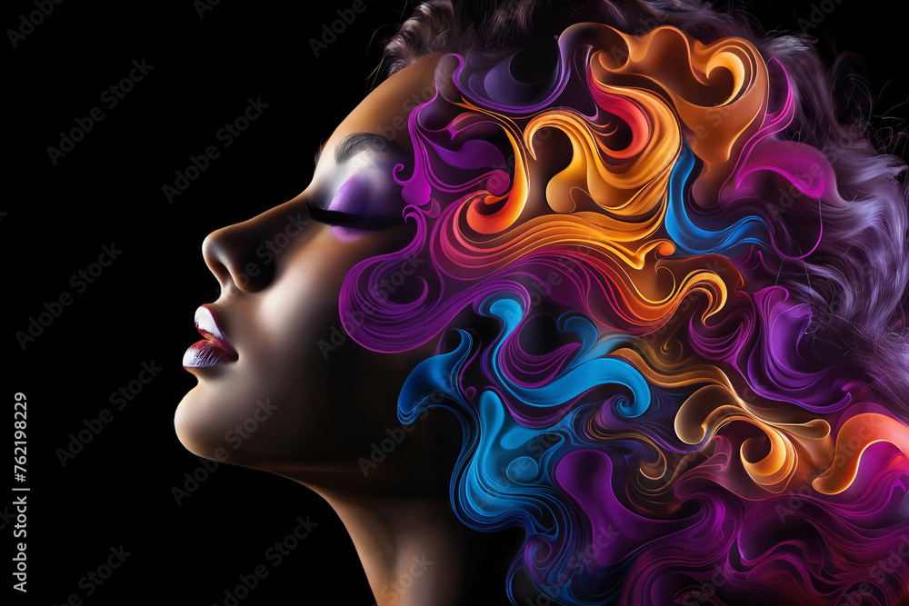 A girl's face surrounded by abstract color shapes of smoke on a dark background