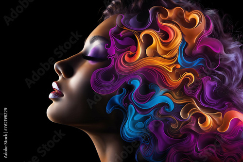 A girl's face surrounded by abstract color shapes of smoke on a dark background