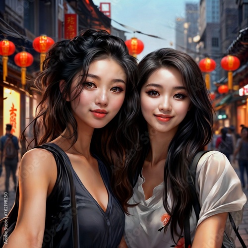 Young Chinese girls in the city. Walking around the city on a day off.