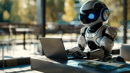 Photorealistic of a robot working with a laptop 