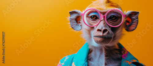 Close-up of a monkey wearing pink-rimmed glasses and a colorful blue scarf
