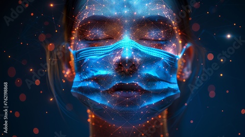 Face mask with low poly wireframe style. Small polygonal abstract isolated on blue background. Protective against viruses, bacteria, smog. photo