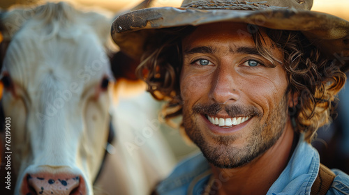 A man wearing a cowboy hat and smiling in front of a cow. The cow is brown and white. happy brazilian simple man man smiling while making selfie with the white cow in a hotter sunshine farm, photo