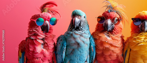 A vibrant image showing a quirky row of parrots adorned with colorful sunglasses against a dual-tone background © Daniel
