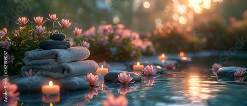 Natural background with massage stones and towels photo
