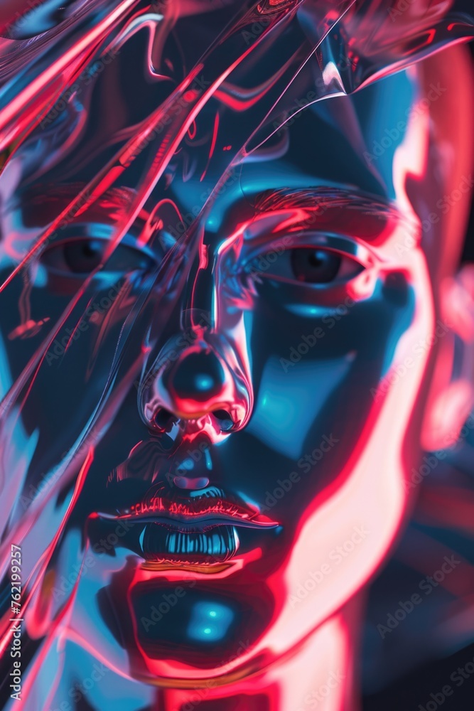 A close up of a woman's face with red and blue lights A close up of a woman's face with red and blue lights