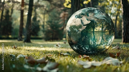 The concept of an environment with globe glass in a green forest with sunlight