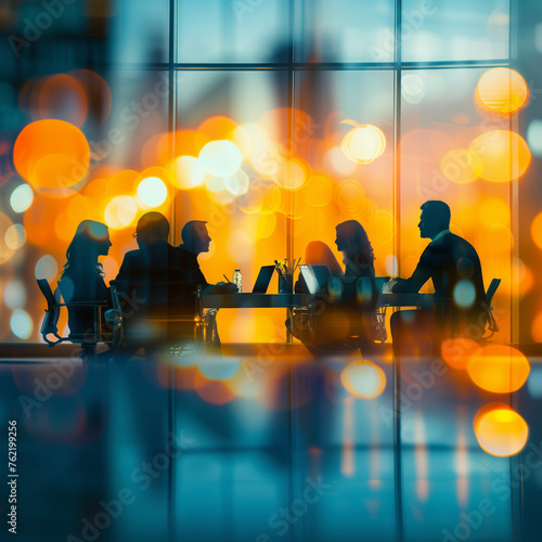 Business people, laptop and meeting in planning, teamwork or coaching for project on bokeh background at office. Group of happy employees working on computer for schedule plan, ideas or team strategy