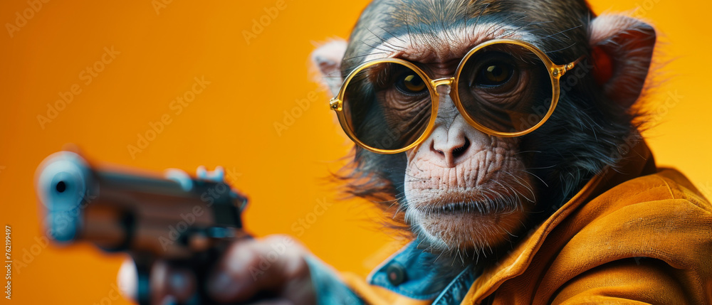 A cool Ape character dressed in a trendy orange jacket and sunglasses aiming with a gun at the camera A cool Ape character dressed in a trendy orange jacket and sunglasses aiming with a gun at the camera