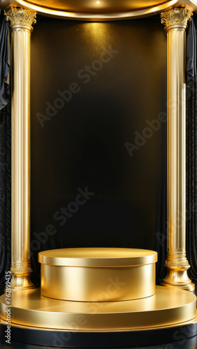 podium for product display, gold podium, black product background, abstract premium stage with floral patterns, elegant golden presentation studio, podium platform, presentation space, showcase