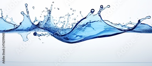 A closeup image of a liquid splash on a white surface, resembling a painting with electric blue hues. The water forms a beautiful pattern that slopes gracefully, creating a visual art masterpiece