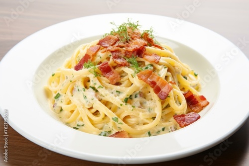 Delectable Pasta carbonara plate. Alla above pepper. Generate Ai