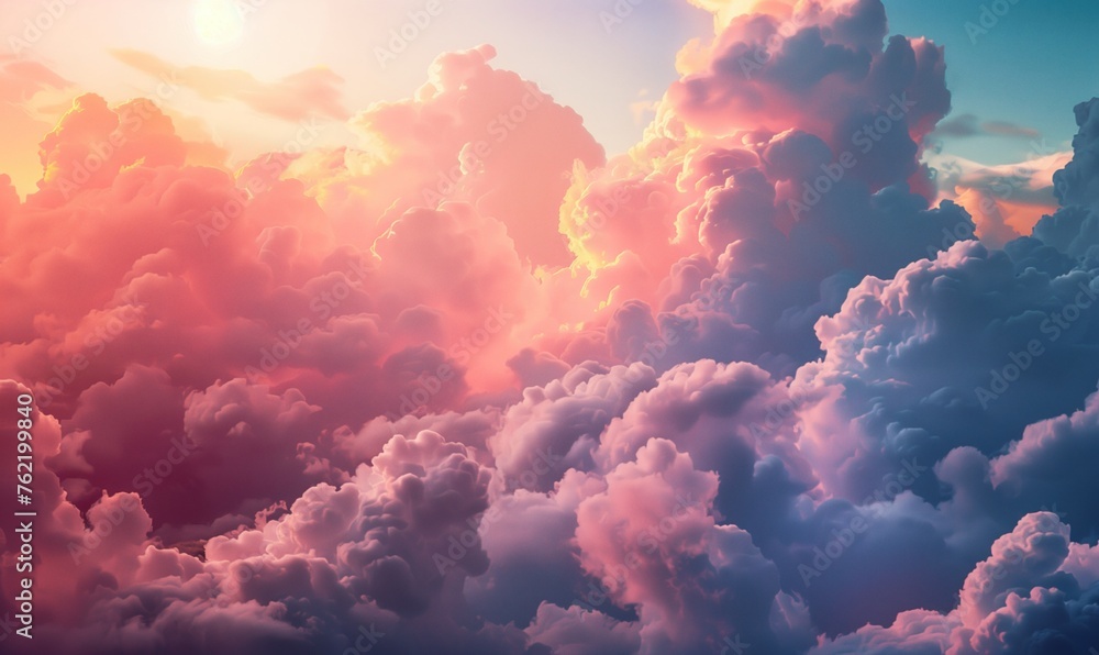 Beautiful morning sun surrounded by fluffy clouds background wallpaper. Scenic epic sunrise cloudscape panoramic view. Soft light and shadows. - obrazy, fototapety, plakaty 