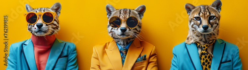 Three ocelots wear fashionable human clothing, standing against a vibrant yellow background, evoking style and surrealism