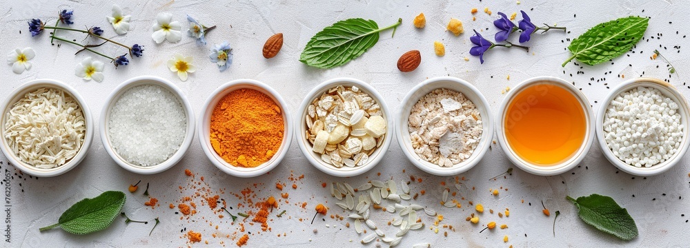Skin care product ingredients arranged flat. Natural cosmetics in the top perspective against a vivid backdrop. Skin care product ingredients arranged flat. Natural cosmetics in the top perspective against a vivid backdrop.