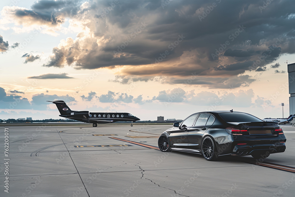 Luxury car on the tarmac with a private jet in the distance.