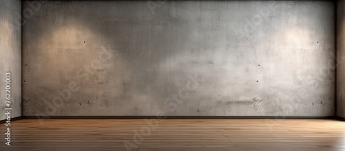 A room with a wooden floor of rich brown hardwood, contrasting against the dark concrete walls. The rectangular shape of the room creates a sense of minimalistic artistry