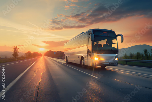 Reisebus auf der Autobahn: Komfortable Busreise mit Blick auf die Straße photo