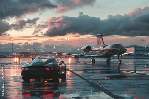 Luxury car on the tarmac with a private jet in the distance. © Robert
