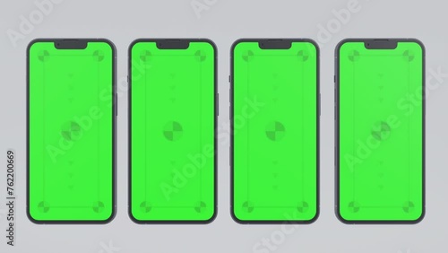 Smartphone with Blank Green Screen, Front View, Isolated on White Background. 4K Ultra HD Animation with Camera Track Motion for Presentation on Mockup Screen.