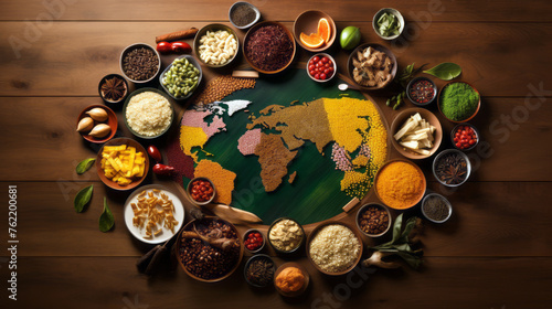 Fototapeta Naklejka Na Ścianę i Meble -  Various spices and herbs on a wooden table, top view. Food and cuisine ingredients from around the globe