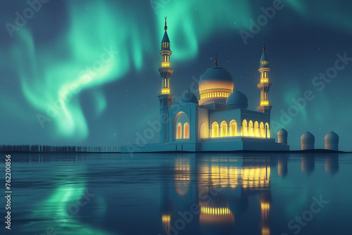 Mosque with two minarets in the northern night sky with green aurora light photo