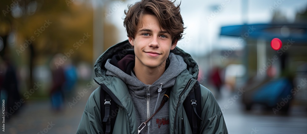 A young man with an electric blue backpack stands on a city street, smiling happily. He gestures towards an event, ready to travel. Portrait photography captures his fur jacket sleeve A young man with an electric blue backpack stands on a city street, smiling happily. He gestures towards an event, ready to travel. Portrait photography captures his fur jacket sleeve