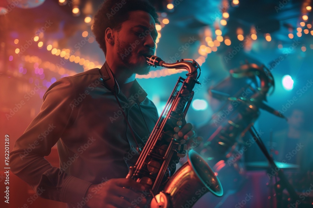 Biracial man playing the saxophone in a bar with smoke and lights. - obrazy, fototapety, plakaty 