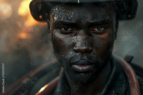 Portrait of African American man firefighter with face covered in dirt and sweat. photo