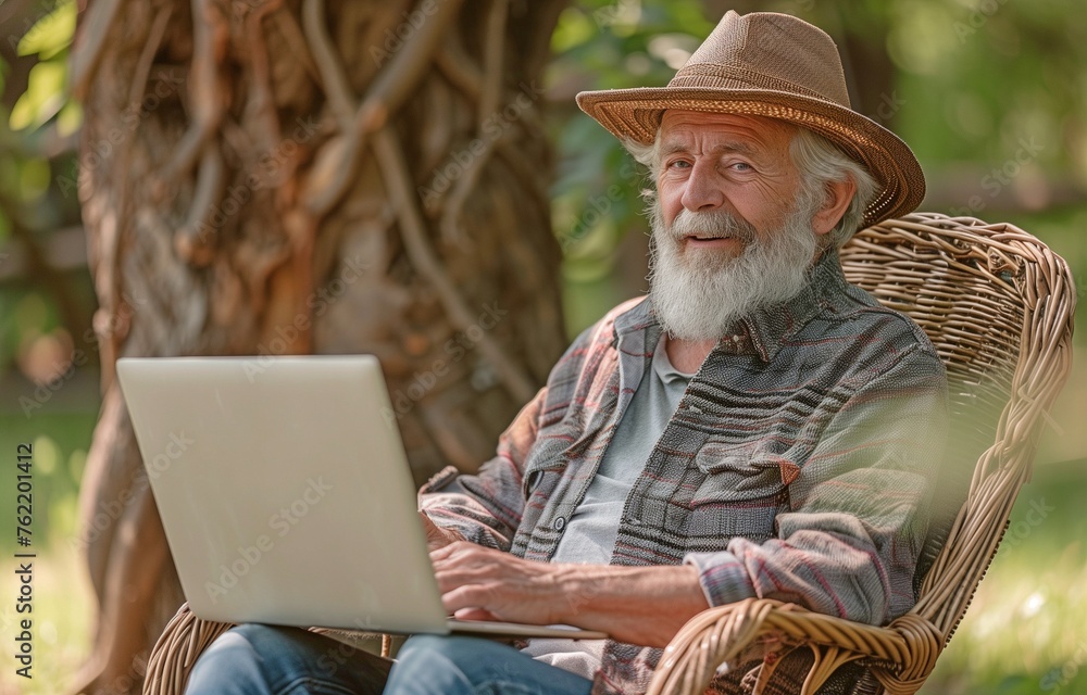 Grinning old man sitting in a cozy chair beneath a tree, using a laptop.