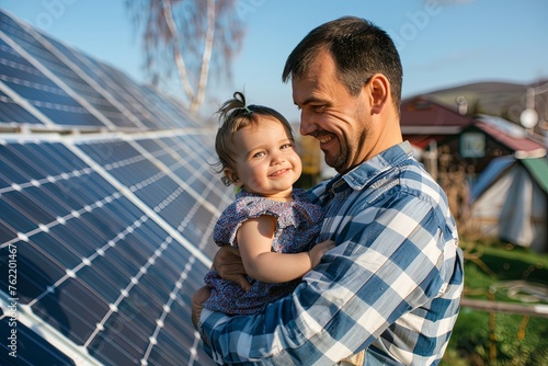 A dad holding her little girl in arms close to installed solar panels. Alternative energy, saving resources and sustainable lifestyle concept. 