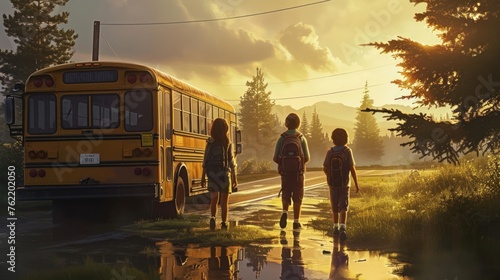 Generative AI School bus arrival  kids with backpacks  morning sunrise  excited chatter  realistic and detailed scene