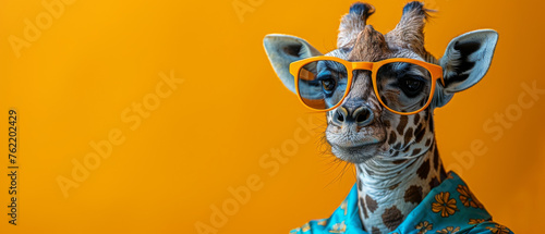 A giraffe donning a blue Hawaiian shirt with orange glasses, exhibiting a humorous vacation vibe