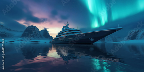 Cruise ship in the northern sea with snow mountain  and aurora light in the sunset sky © Maizal