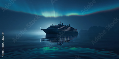Cruise ship in the northern calm sea with green aurora in the night sky © Maizal