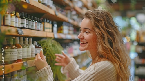 A younger woman is happily and smilingly perusing organic, natural, and eco-friendly cosmetic goods in a shop. photo
