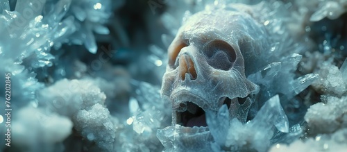 A Human Skeleton Frozen In Ice. Illustration On The Theme Of Horror, Cinema, Detective Stories, Fears And Death. Generative AI 