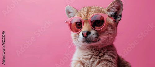A cat with stylish sunglasses peeking over a plain cardboard sign, awaiting your message