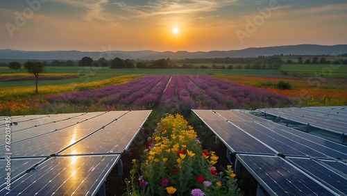 Solar panels and flowers in the field at sunset, 