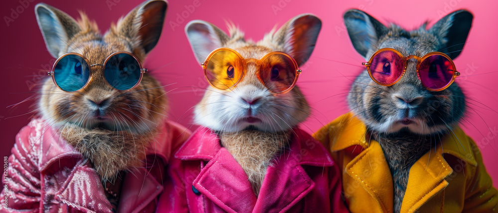 A group of cheeky rabbits wearing bold sunglasses and jackets against a pink background for a playful vibe