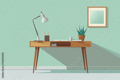 Sleek Wooden Desk Setup with Modern Lamp and Plant - Ideal for Minimalist Office and Home Interior Concepts