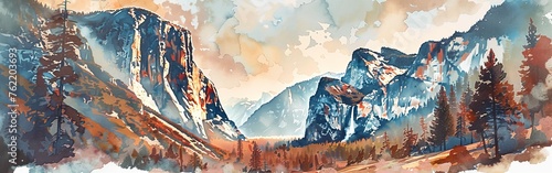 A watercolor painting depicting a mountain range in the background with lush green trees in the foreground. The trees are detailed and vibrant, contrasted against the distant peaks of the mountains.