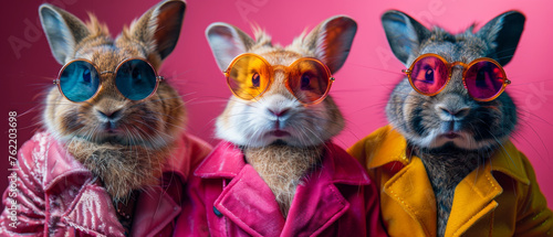 A group of cheeky rabbits wearing bold sunglasses and jackets against a pink background for a playful vibe photo