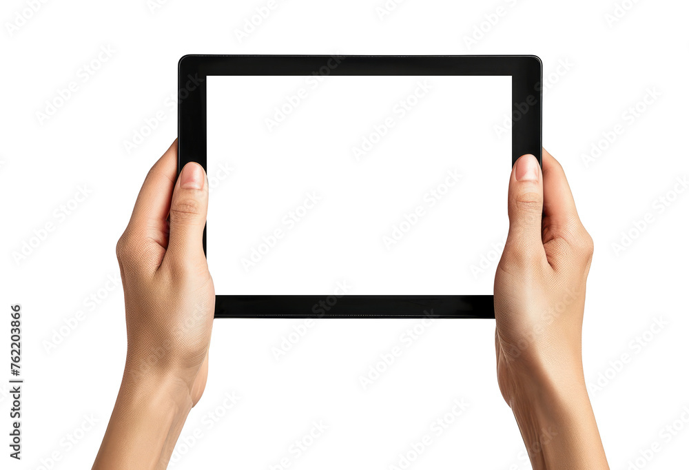 Hands holding black tablet isolated on transparent background With clipping path. cut out. 3d render Hands holding black tablet isolated on transparent background With clipping path. cut out. 3d render