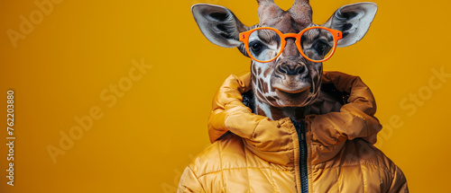 A single giraffe exuding confidence in orange sunglasses and a puffy jacket on a yellow background