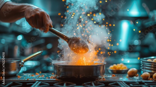 Professional Chef Cooks Flambe Style. He Prepares Dish in a Pan with Open Flames.