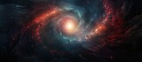 An astronomical object with a red and blue swirl in the center, resembling a nebula within the galaxy. This captivating art of science in the sky is a beautiful blend of colors in outer space