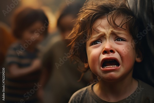  Close-up shot capturing the tear-streaked face of a crying child as they endure their parent's scolding, the parent's figure blurred in the background.