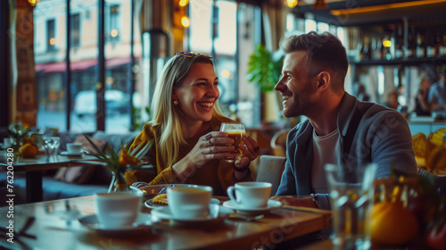 Happy couple enjoying breakfast drinking coffee at bar cafeteria - Life style concept with guy and girl in love having date moment sitting at restaurant in the city: