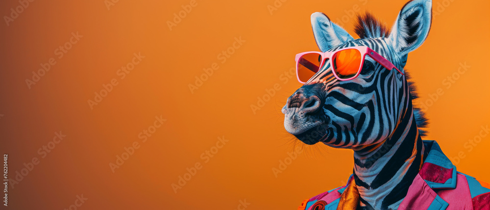 A zebra decked out in a vibrant 80s inspired get-up complete with a colorful jacket and cool shades against an orange background A zebra decked out in a vibrant 80s inspired get-up complete with a colorful jacket and cool shades against an orange background